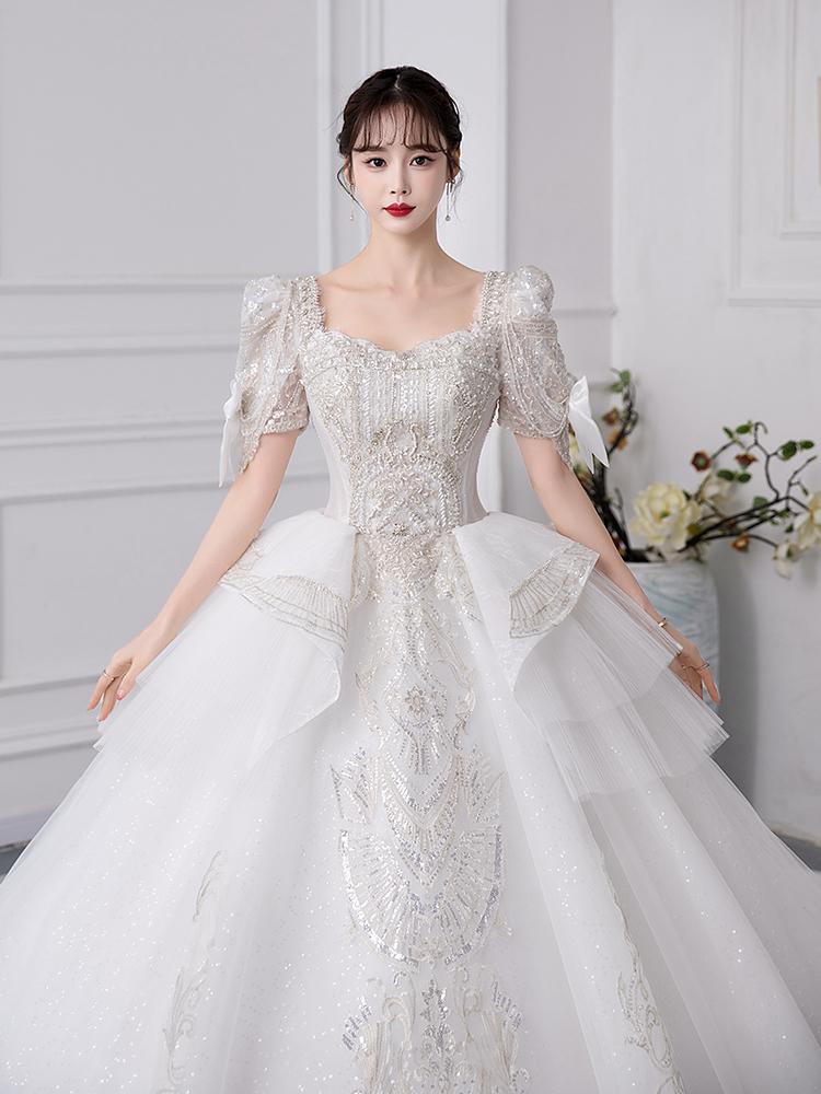 Luxury Short Sleeve With Bow Lace Up Bridal Ball Gown