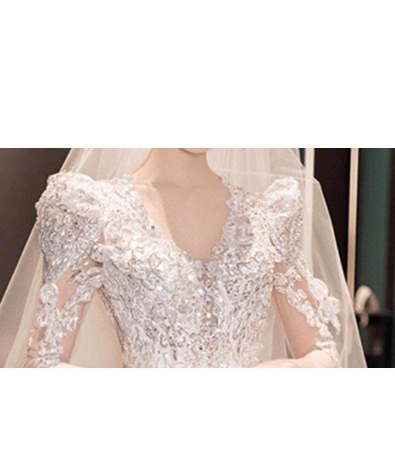 Satin Wedding Dresses Full Sleeve V-neck Sweep Train Lace Up Ball Gown