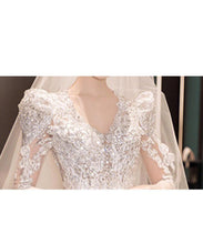Load image into Gallery viewer, Satin Wedding Dresses Full Sleeve V-neck Sweep Train Lace Up Ball Gown
