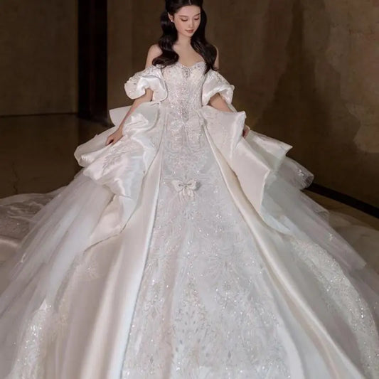 Luxury And Elegent Off The Shoulder Satin Wedding Dress Lace Appliques Bridal Dress