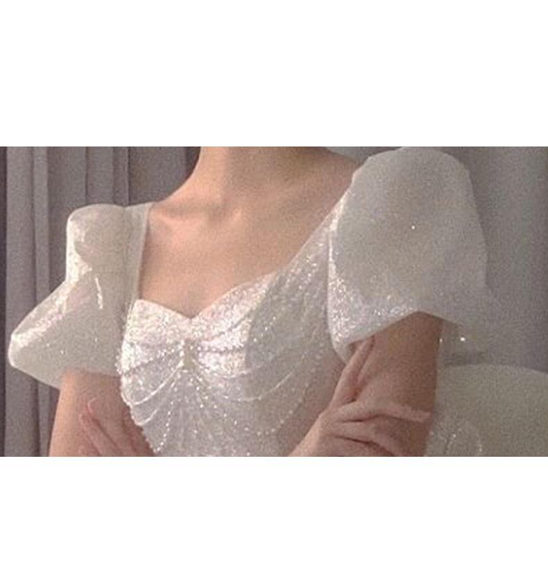 Sweetheart Beading Pearls Puff Sleeve Big Butterfly Back Lace Up Wedding Gowns