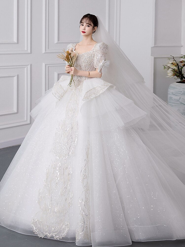 Luxury Short Sleeve With Bow Lace Up Bridal Ball Gown