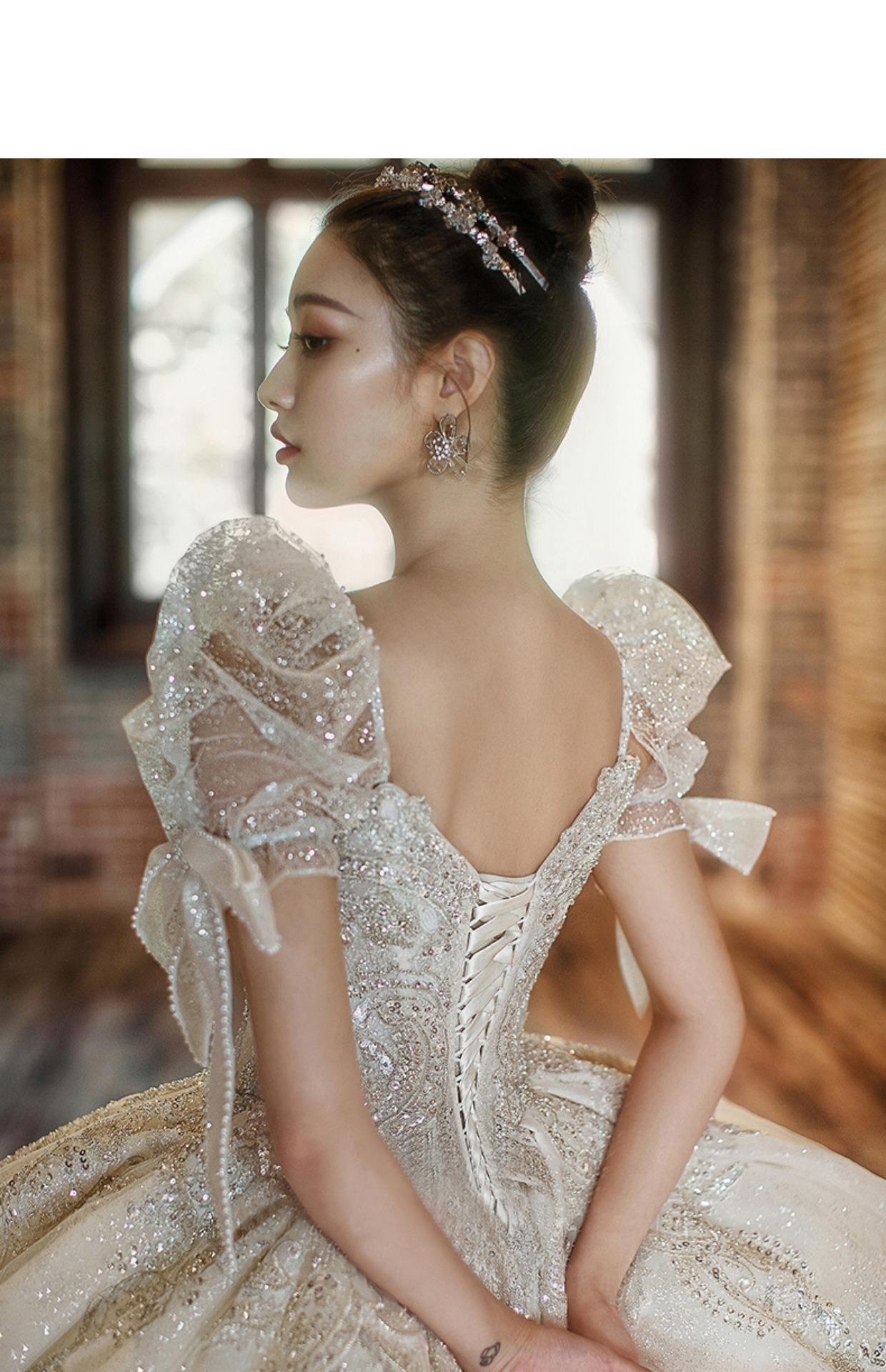 Short Sleeve Embroidered Tulle Ball Gown Wedding Gowns Shinny Princess