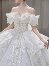 Load image into Gallery viewer, Off The Shoulder Wedding Dress Lace Applique Boat Neck Bridal Dress Ball Gown With A Big Tail
