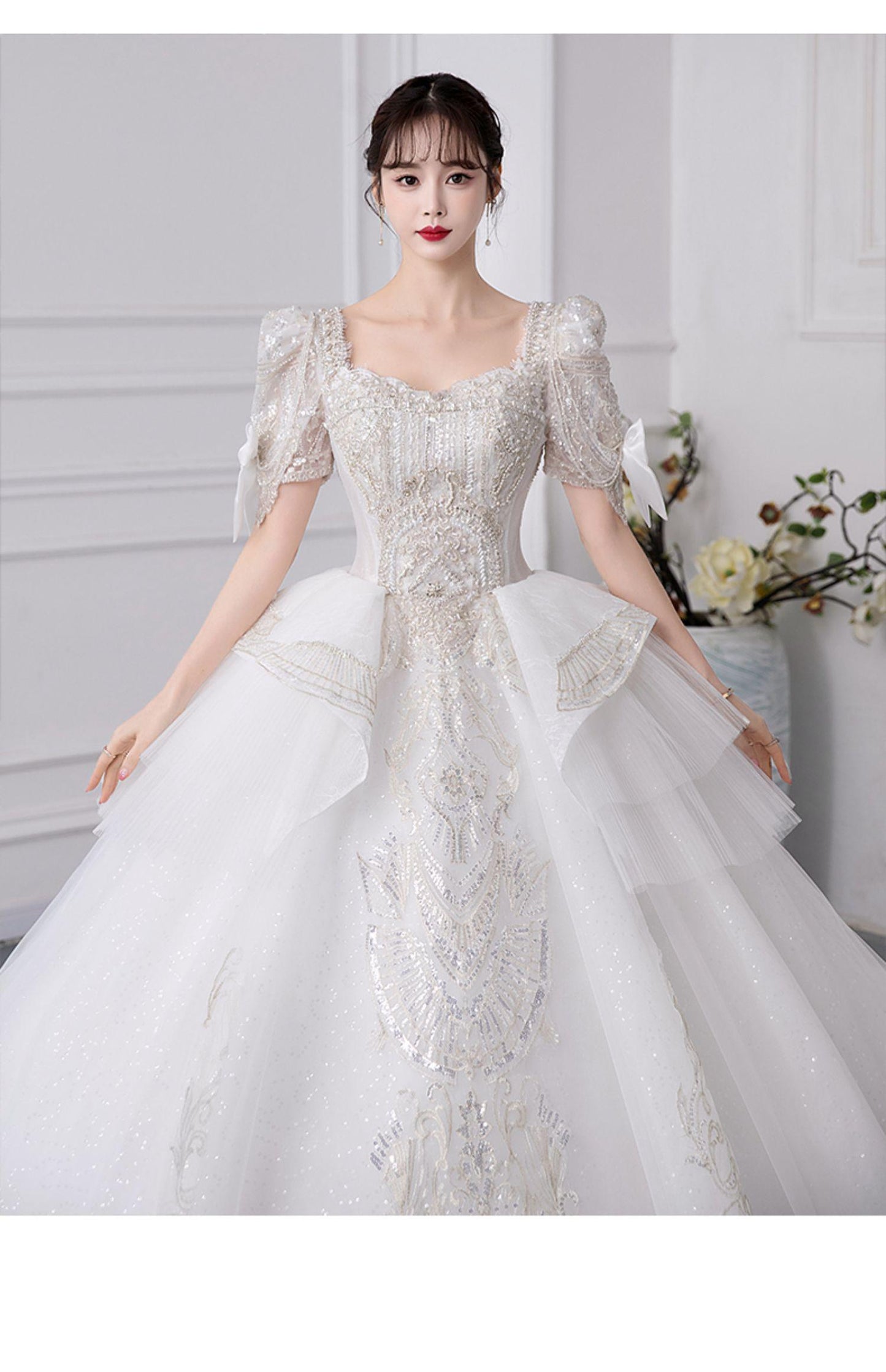 Luxury Short Sleeve With Bow Lace Up Bridal Ball Gown