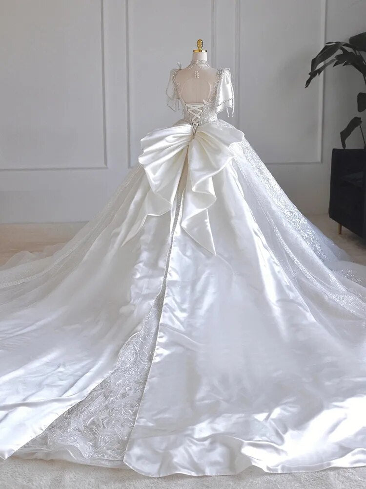 Boat Neck With Pearl Lace Up Bridal Short Sleeve Glittery Flower Satin Wedding Dress