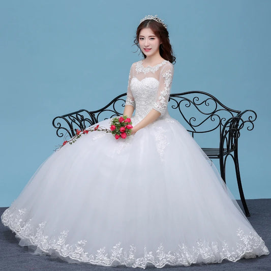 Lace A- Line O-neck Wedding Dresses Cheap Floor Length Ivory Bride Gowns Custom Made