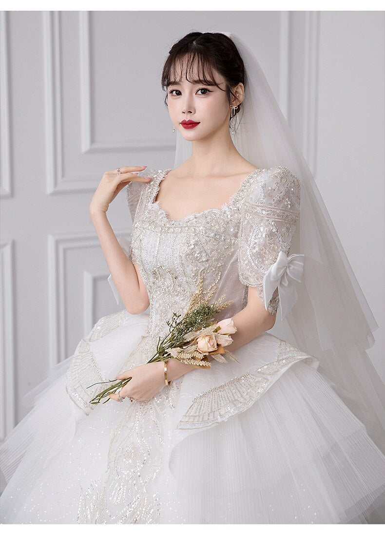 Luxury Short Sleeve With Bow Lace Up Bridal Ball Gown