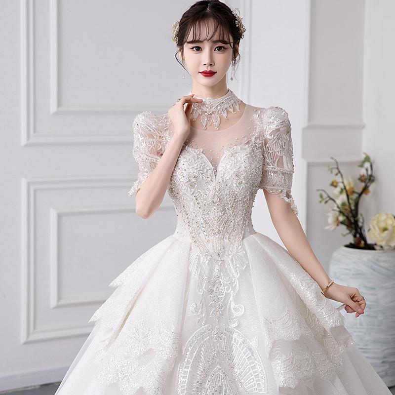 New Luxury 0-neck Wedding Dress Short Sleeve Lace Applique Bridal Dress Ball Gown Vestido De Noiva Plus Size Made Custom