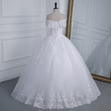 Load image into Gallery viewer, Off The Shoulder Plus Size Lace Wedding Dress Long Train Appliqes Pearls Bridal Tulle
