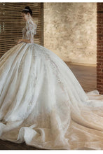 Load image into Gallery viewer, Luxury Beading Lace Wedding Dress 2023 V Neck Puff Sleeve Princess Wedding Gown With Big Sweep Train Plus Size Wedding Dress
