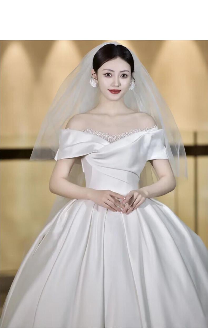 Simple Off The Shoulder Satin Wedding Dress Boat Neck