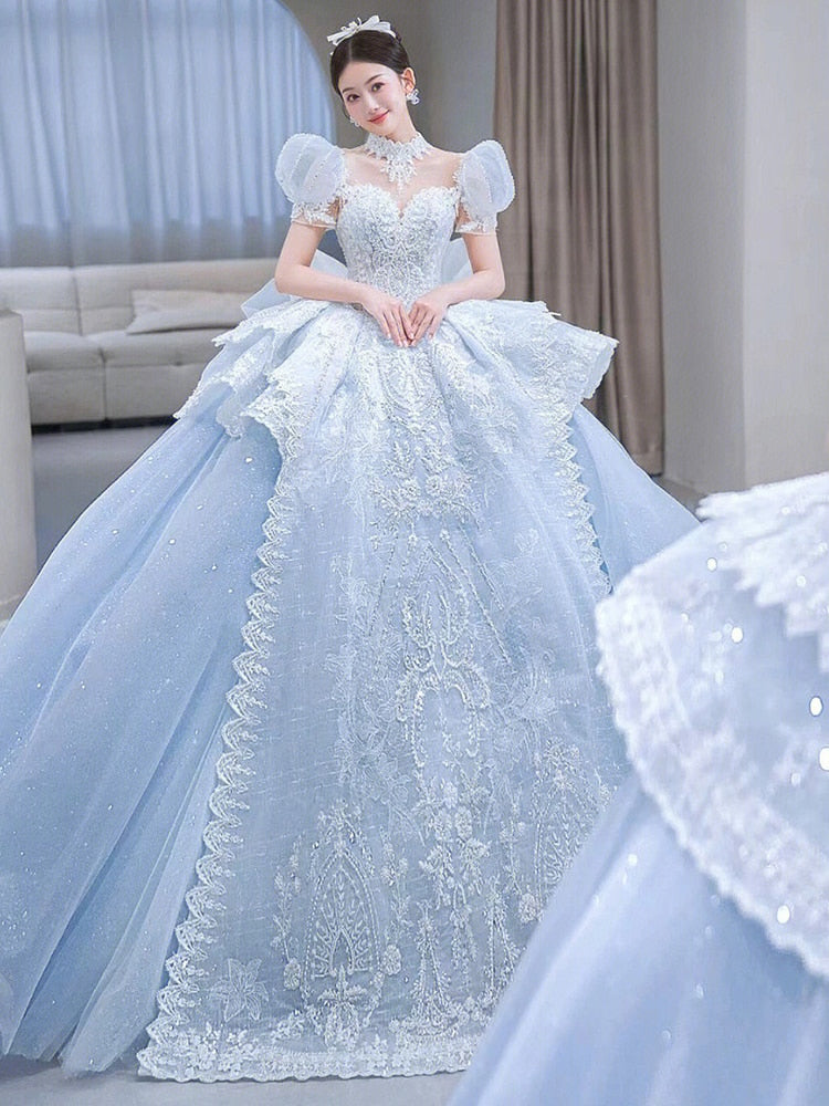 Snow Blue Princess Luxury Wedding Dress 2023 New O-neck Sexy Lace Up Applique Bridal Ball Gown Sweep
