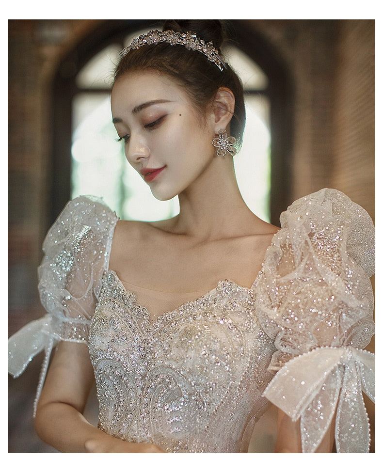 Short Sleeve Embroidered Tulle Ball Gown Wedding Gowns Shinny Princess