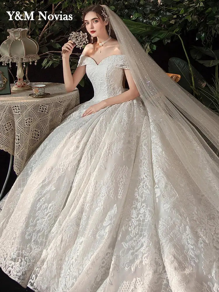Glitter White Long Lace Sequin Royal Train Bride Gowns
