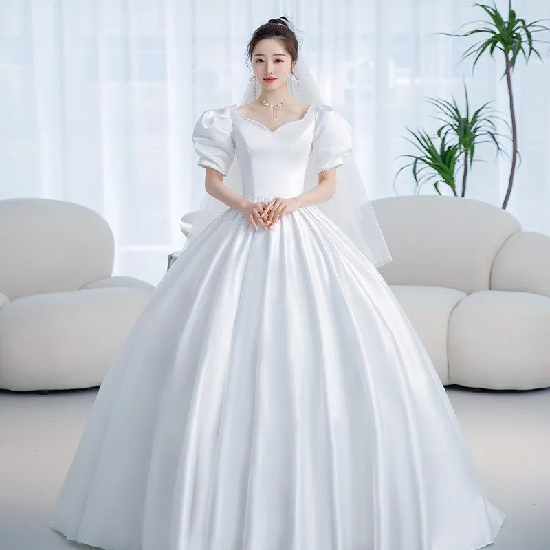 New Satin Simple Wedding Gown Shining Beading Slim Bridal Dress