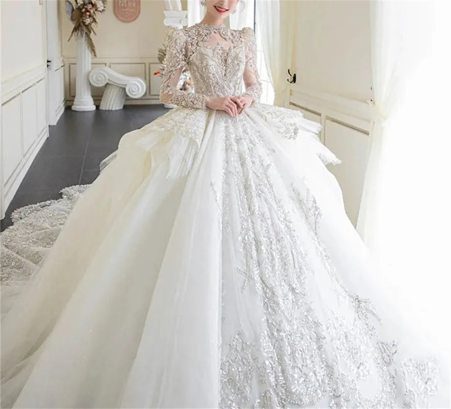 High Neck Full Sleeves Ball Crystal Bridal Gowns Sequin Pearls