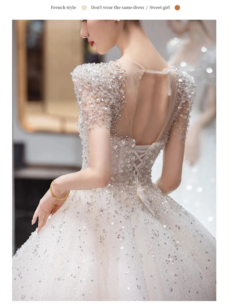 Ball Gown Royal Sweetheart Short Sleeve Lace Beaded Glitter