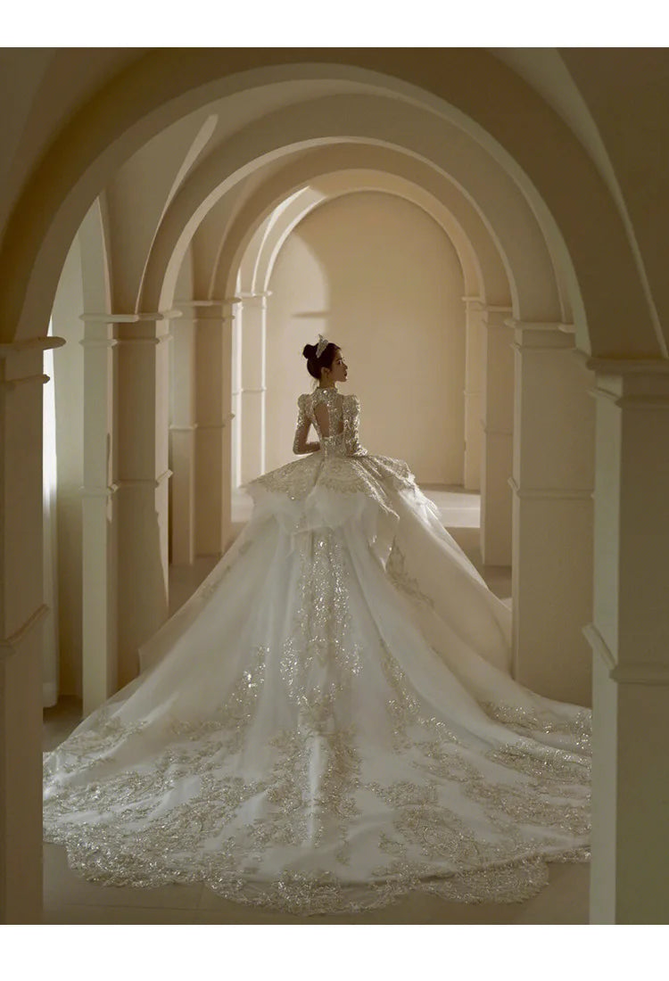 Bridal veil Long Sleeve shining sequin trailing French Luxury gown
