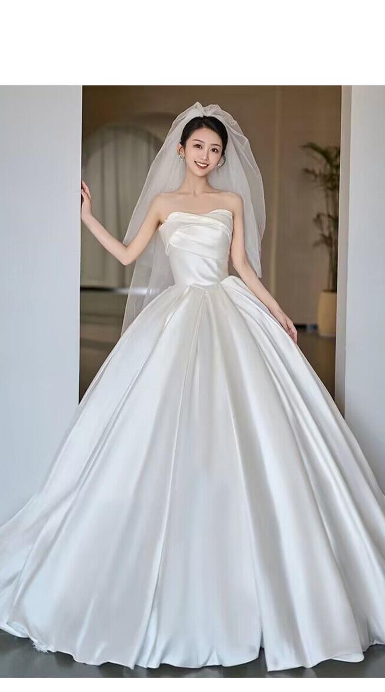 Simple Strapless Satin Wedding Dress Lace Up Train Princess