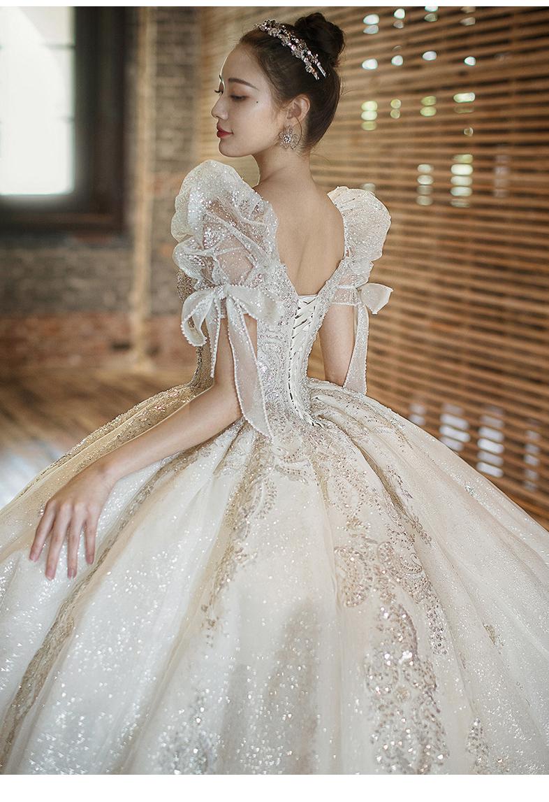 Luxury Beading Lace Wedding Dress 2023 V Neck Puff Sleeve Princess Wedding Gown With Big Sweep Train Plus Size Wedding Dress