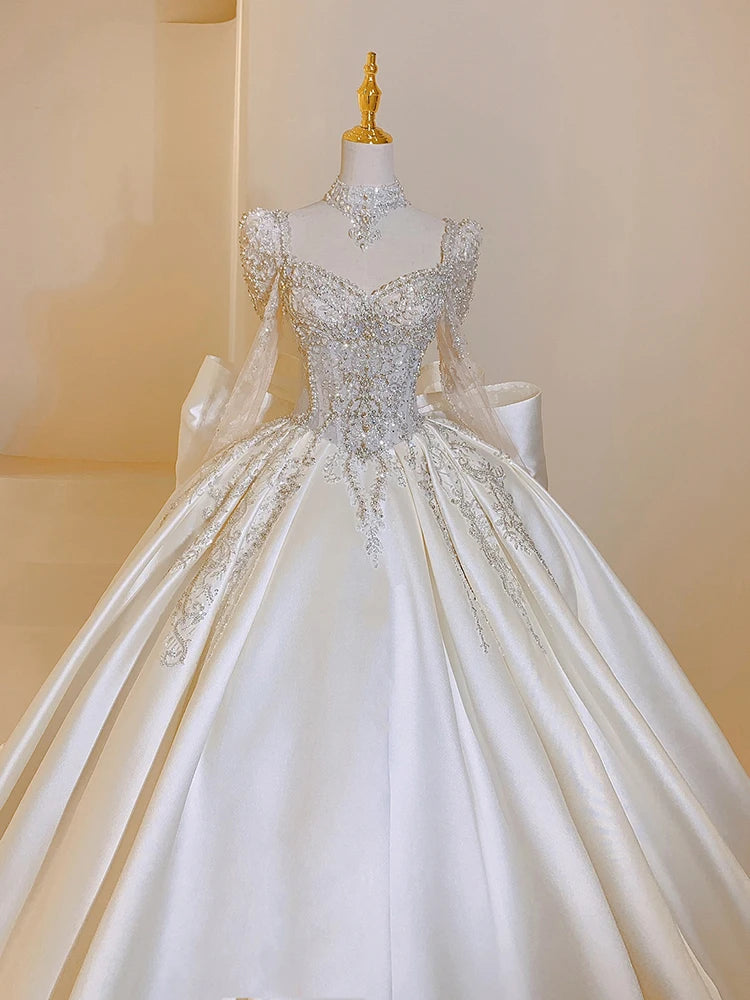 Square Collar Satin Plus Size Custom Lace Up Luxury Bridal Ball Gown Floor Or Train
