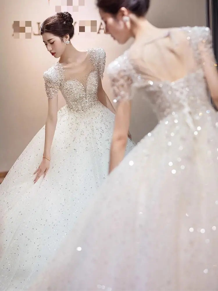 Ball Gown Royal Sweetheart Short Sleeve Lace Beaded Glitter