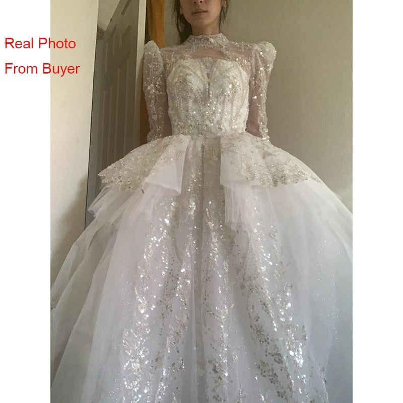 Long Train Wedding Dress Ball Gown Long Sleeve Winter Beading Wedding Gowns