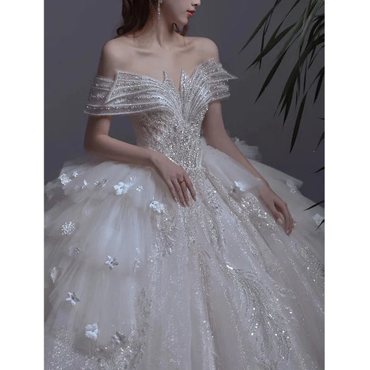Floral Print Off The Shoulder Lace Luxury Wedding Dress