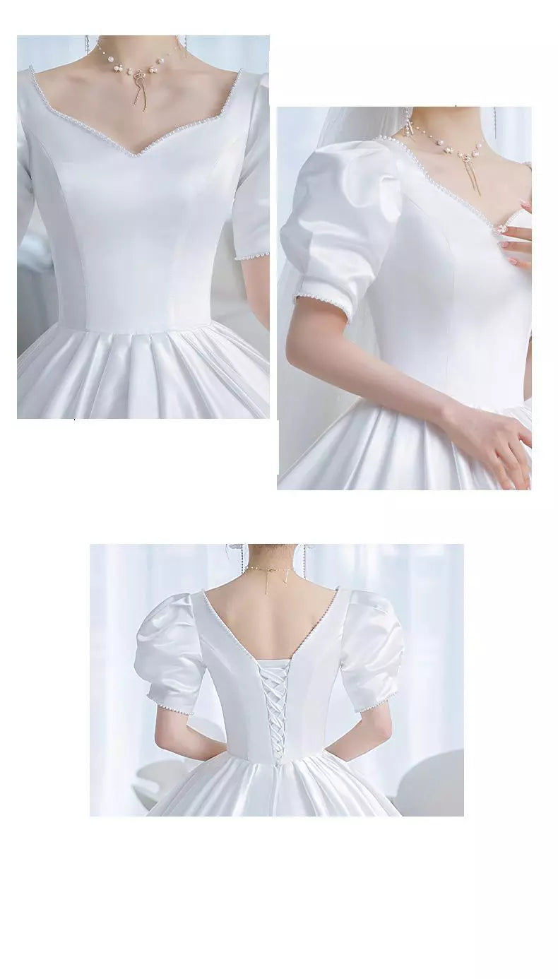 New Satin Simple Wedding Gown Shining Beading Slim Bridal Dress