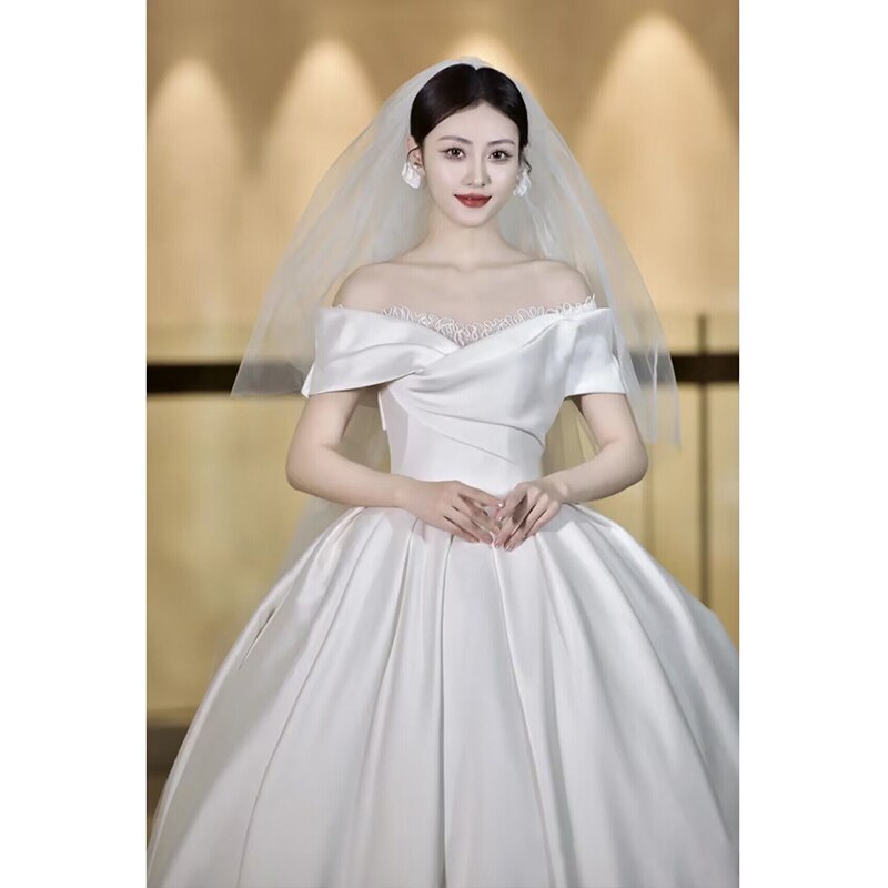 Simple Off The Shoulder Satin Wedding Dress Boat Neck