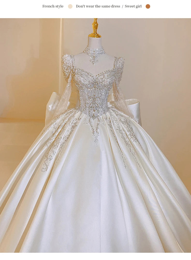 Square Collar Satin Plus Size Custom Lace Up Luxury Bridal Ball Gown Floor Or Train