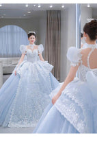 Load image into Gallery viewer, Snow Blue Princess Luxury Wedding Dress 2023 New O-neck Sexy Lace Up Applique Bridal Ball Gown Sweep
