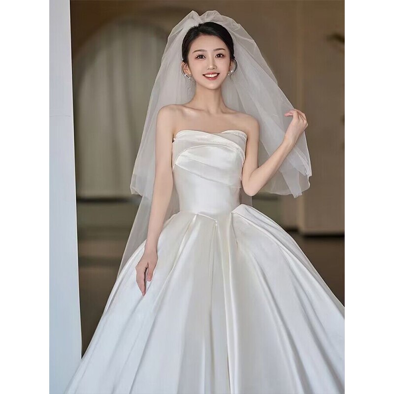 Simple Strapless Satin Wedding Dress Lace Up Train Princess