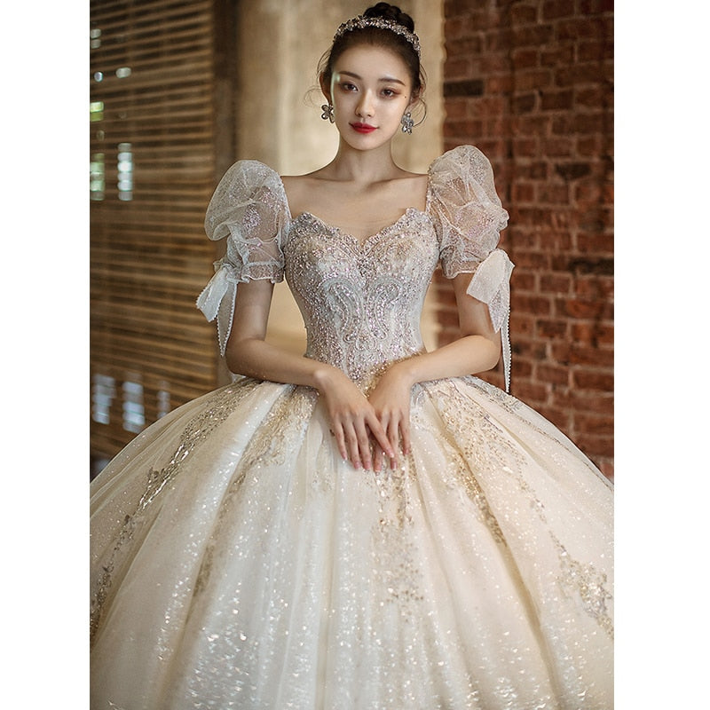 Short Sleeve Embroidered Tulle Ball Gown Wedding Gowns Shinny Princess