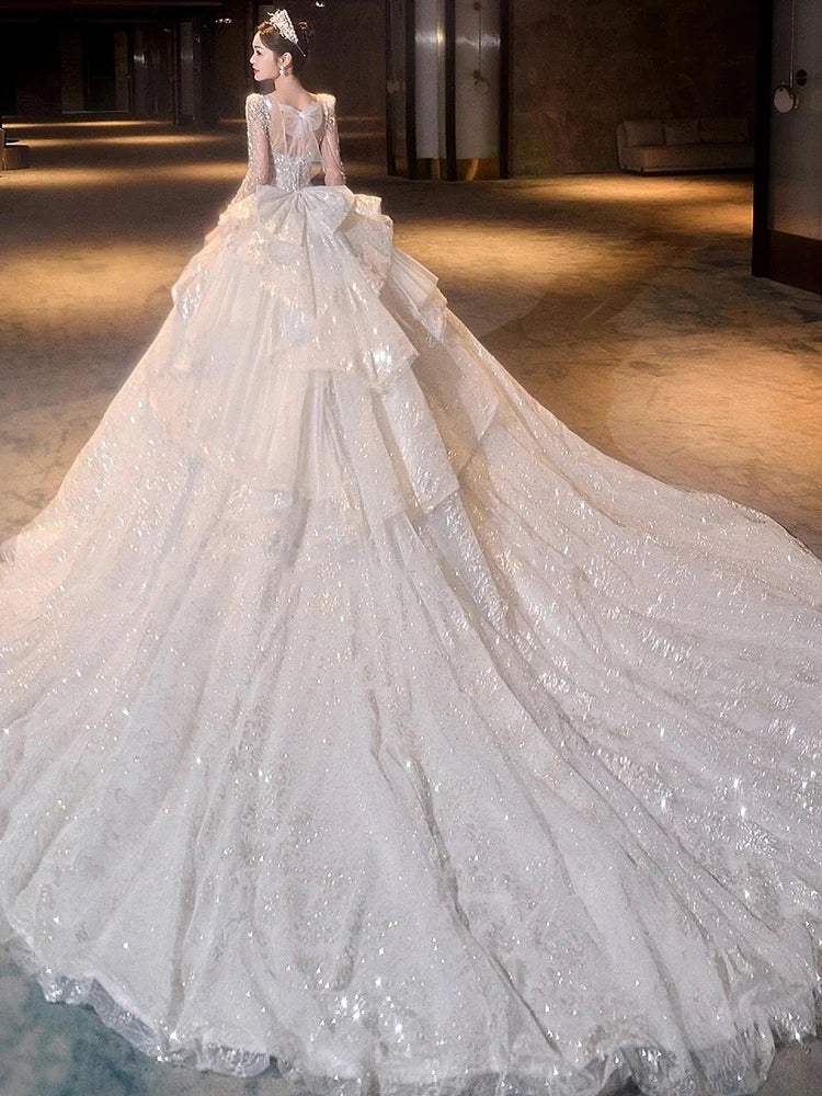 Boat Neck Full Sleeve Lace Applique Bridal Dress Sweep Train