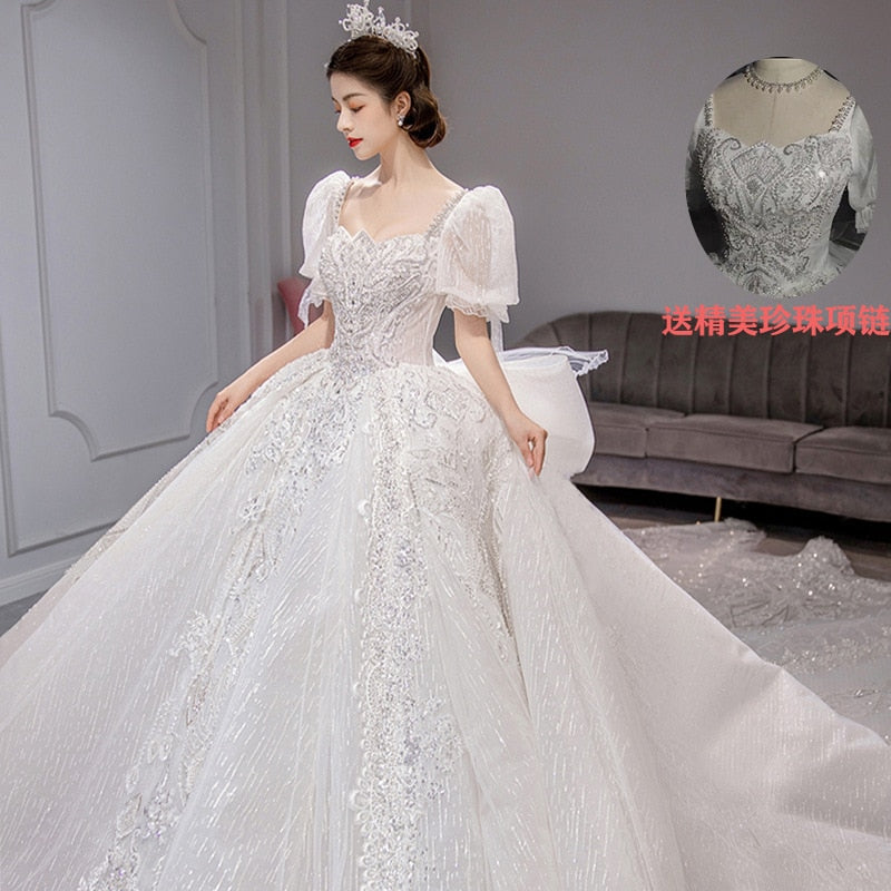 Short Puff Sleeve Bridal Embroidered Organza And Tulle Sweetheart Heart Lace Wedding Gowns