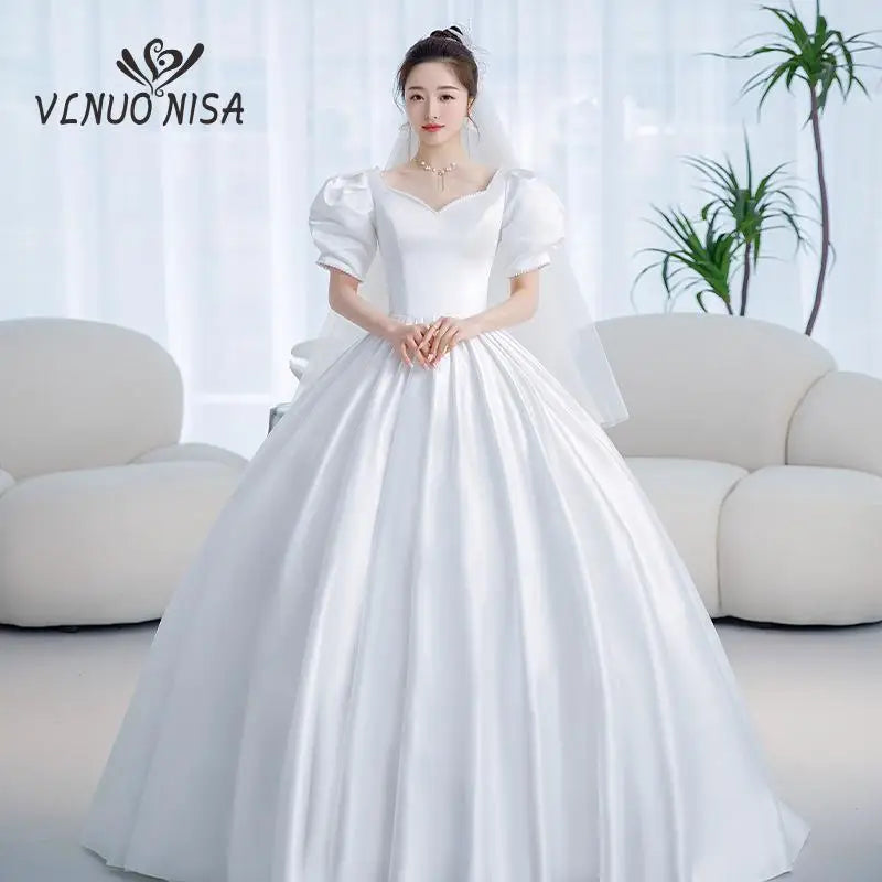 Satin Wedding Dress Sweetheart Short Sleeves Elegant Bride Ball Gown Custom Plus Size