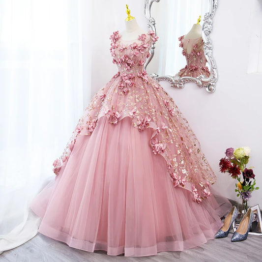 3D Flowers Sweetheart Garden Pink Quinceanera Dresses