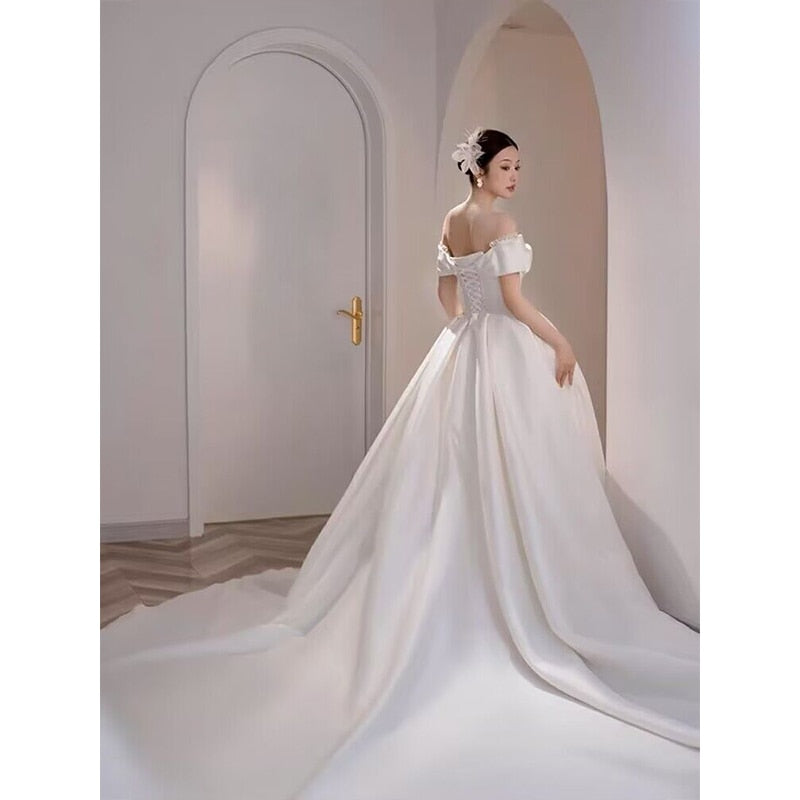 Simple Off The Shoulder Satin Wedding Dress Boat Neck