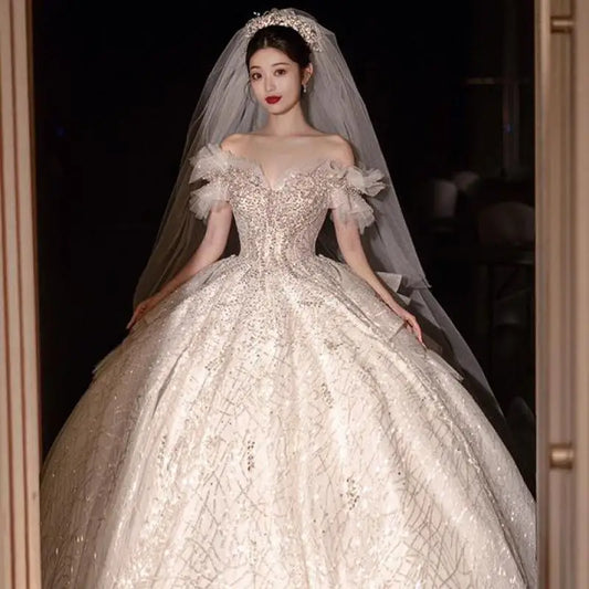 Off The Shoulder Luxury Wedding Dress Lace Embroidery Princess Ball Gown Elegent Sequin Bridal Dress Long Train