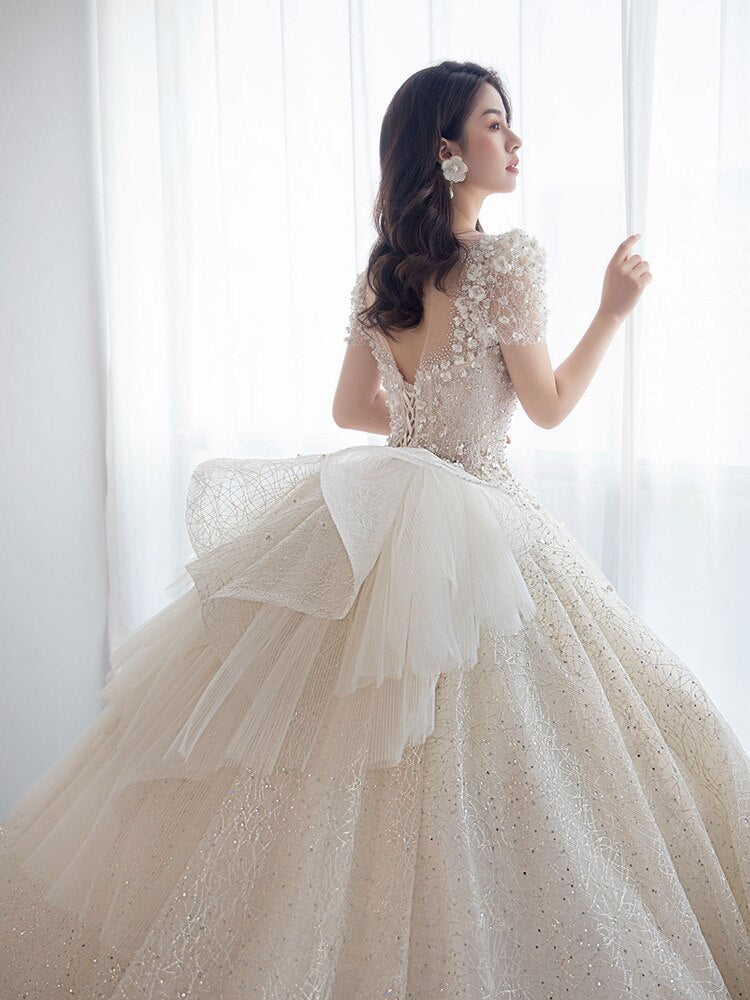 Handmade Luxury Shining Sequins Princess Ball Gown With Sweep Train Vintage