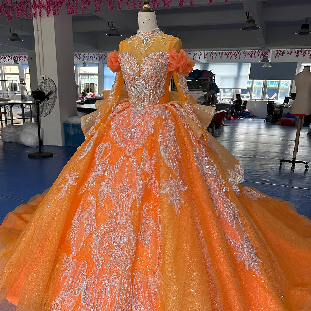 Beading Princess Orange Ball Gown High Neck Full Sleeve Church Wedding Lace Up