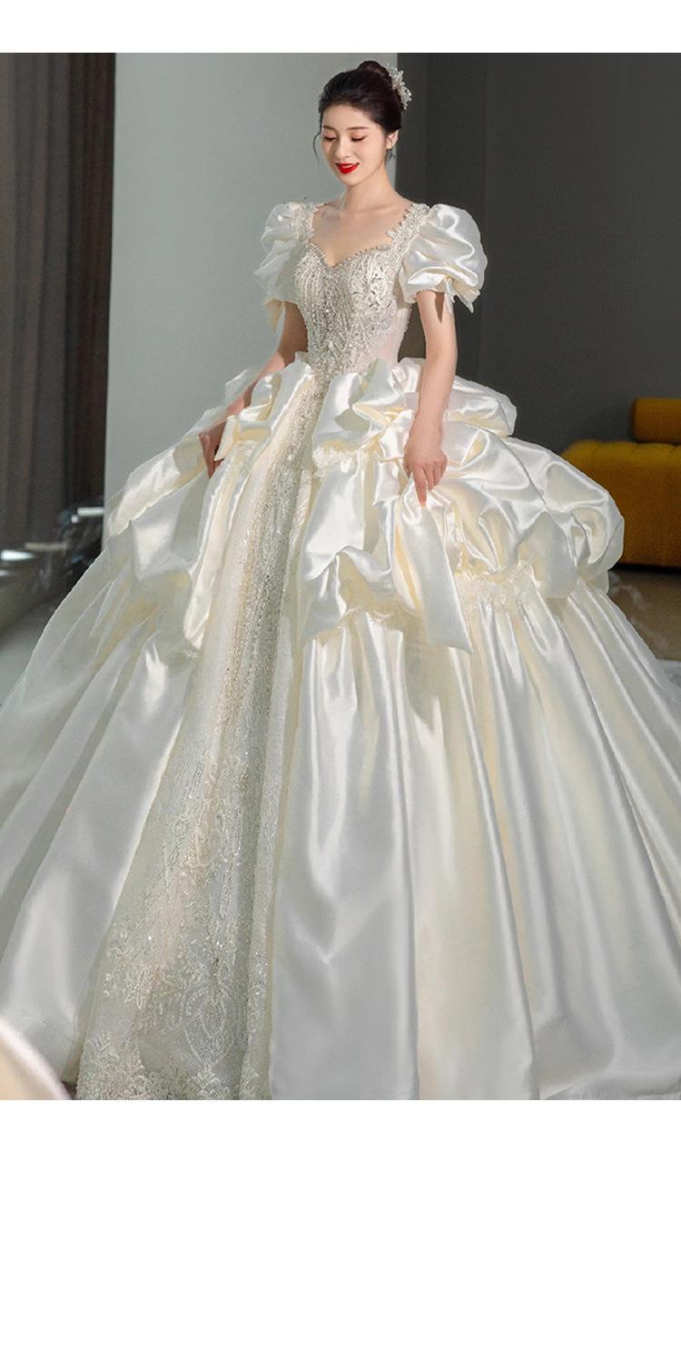 Satin Wedding Dress Lace Beading Shinny Lantern Sleeve Bridal Dress