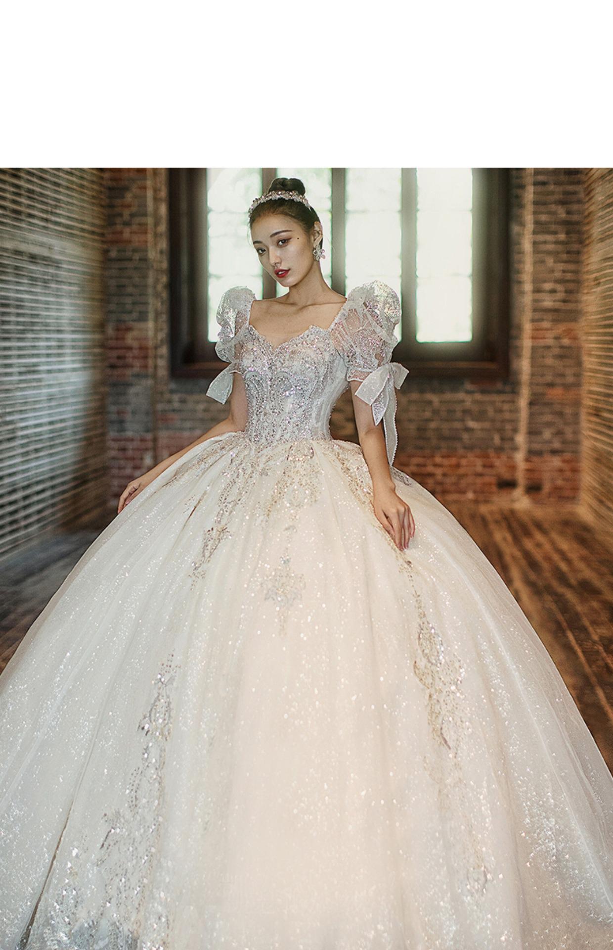 Short Sleeve Embroidered Tulle Ball Gown Wedding Gowns Shinny Princess