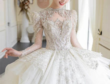 Load image into Gallery viewer, High Neck Full Sleeves Ball Crystal Bridal Gowns Sequin Pearls
