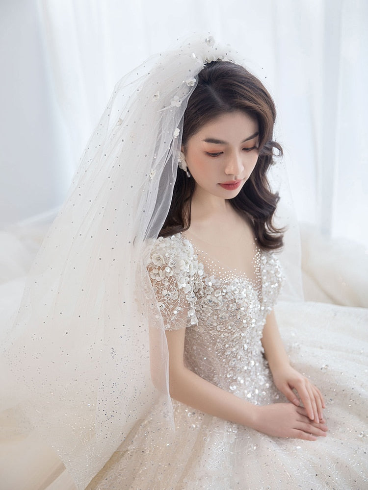 Handmade Luxury Shining Sequins Princess Ball Gown With Sweep Train Vintage
