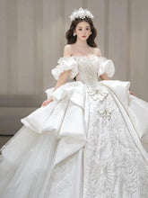 Load image into Gallery viewer, Boat Neck Satin Sweep Train Princess Wedding Gown Lace Embroidery
