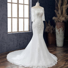 Load image into Gallery viewer, Boat Neck Mermaid Wedding Dress Lace Up Applique Bridal Dress
