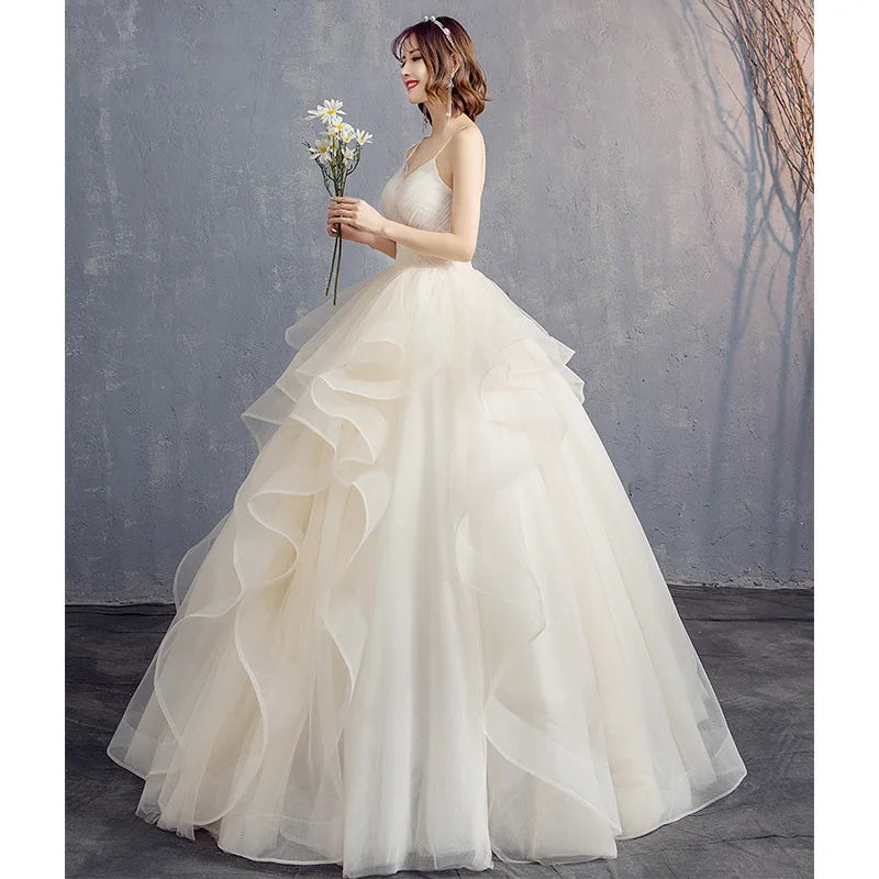 Champagne Ball Gown Women Wedding Dresses Spaghetti Straps